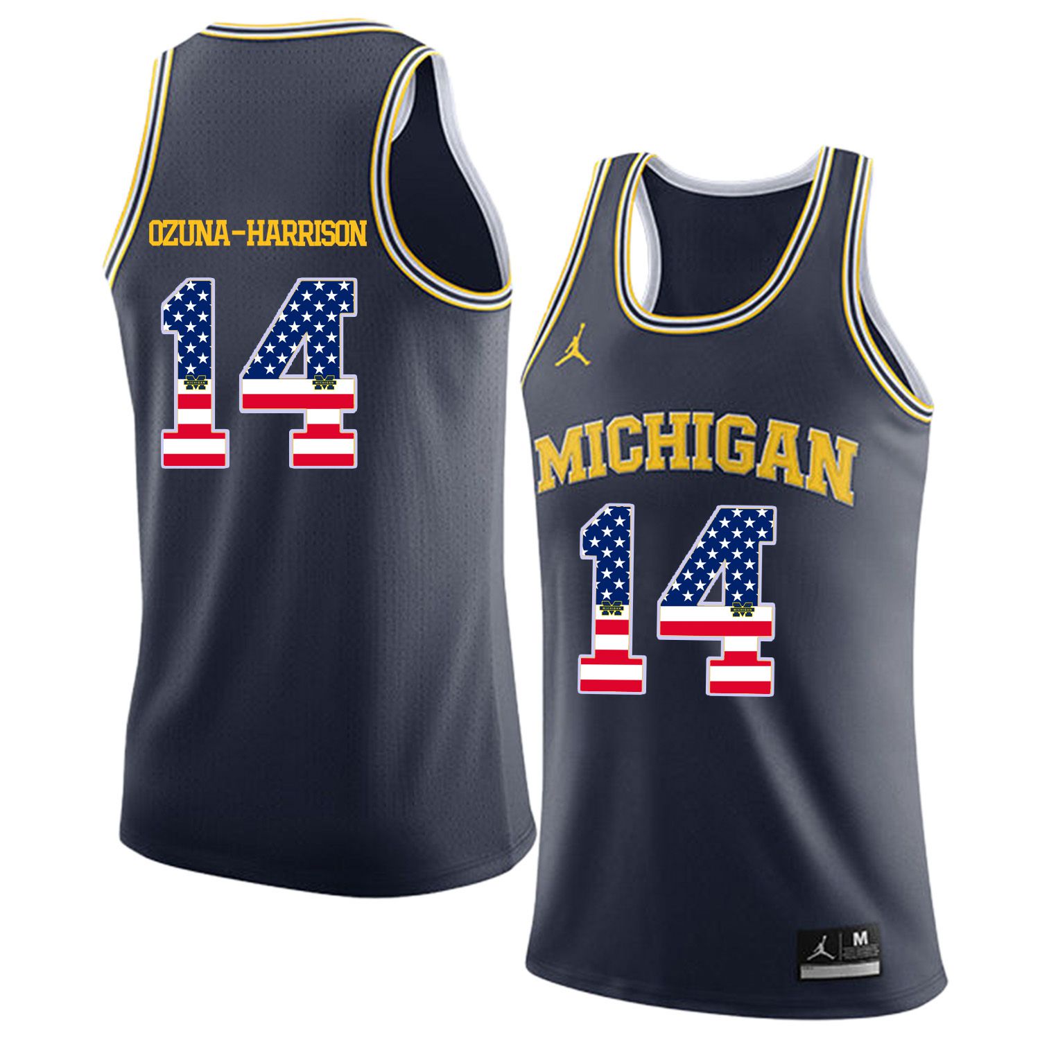 Men Jordan University of Michigan Basketball Navy #14 Ozuna-Harrison Flag Customized NCAA Jerseys